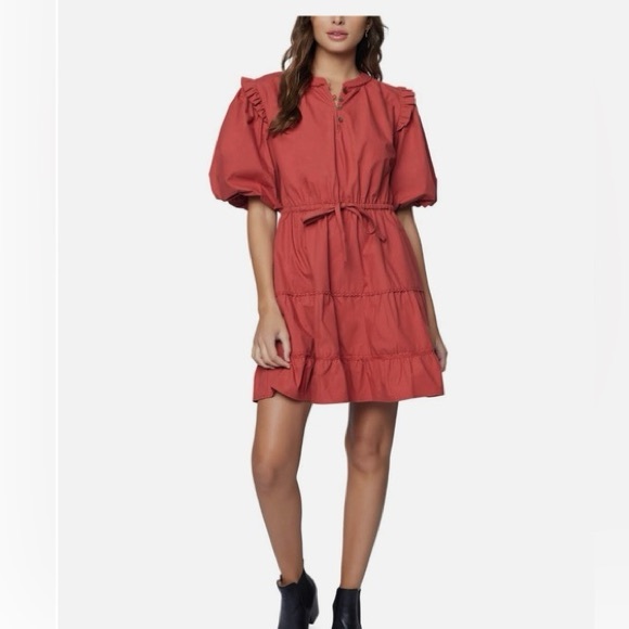 Lost + Wander Rust Short Puff Sleeve V Neck Cinched Waist Mini Dress - Picture 1 of 9